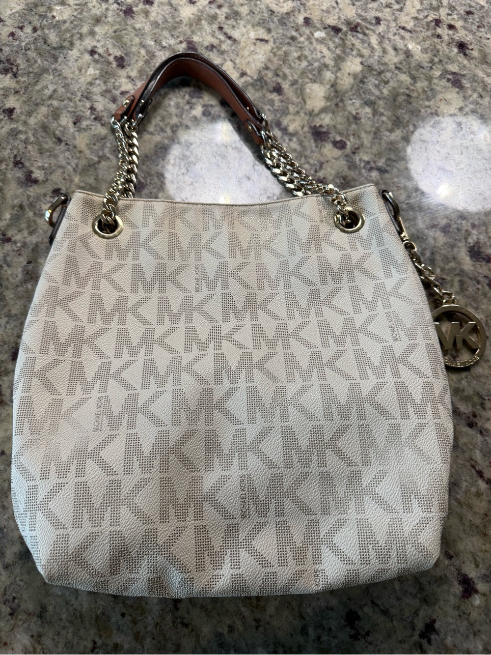 Michael Kors Jet Set Cream and Brown Logo Chain-Handle Shoulder Bag
